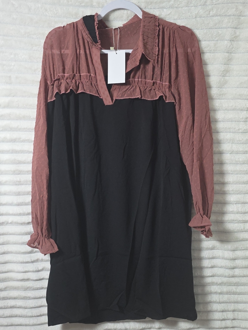 0308 Two-Tone Black and Dusty Rose Long-Sleeve Ruffle Dress